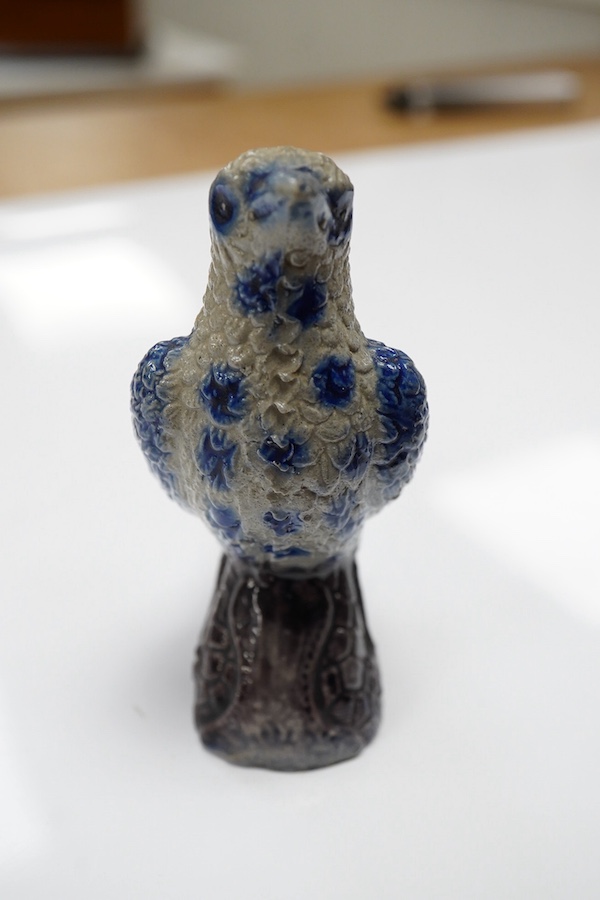 A German Rhenish stoneware songbird whistle, glazed in blue and grey, 9cm high. Condition - good